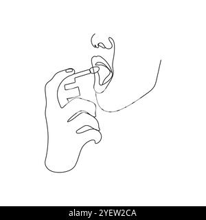 Mano delle donne che usa lo spray per la bocca per il trattamento dell'infezione della gola o respirazione fresca. Concetto sanitario e medico. Illustrazione vettoriale disegnata a mano. Illustrazione Vettoriale