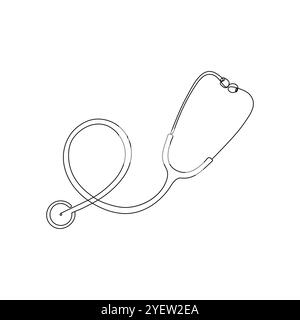Stetoscopio medico. Arte su una linea. Apparecchiatura per l'esame delle condizioni del battito cardiaco del paziente. Assistenza sanitaria, concetto medico. Illustrazione vettoriale disegnata a mano. Illustrazione Vettoriale