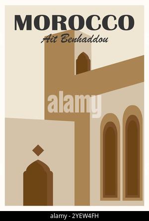 Paesaggio della città vecchia con antiche torri. Cartolina della città del Marocco. Città musulmana o monumento con alberi, skyline. Viaggi, turismo e attrazioni. Auto Illustrazione Vettoriale