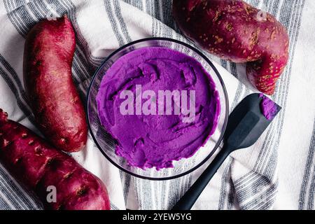 Purè di patate dolci viola con patate dolci viola: Purea viola brillante composta da patate dolci viola cotte e frullate e acqua Foto Stock