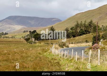 strada verso le montagne maumturk alla fine della valle glaciale della valle del maam nel paese di joyce, contea di galway, repubblica d'irlanda Foto Stock