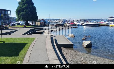 Kirkland, Washington, Stati Uniti - 07-18-2017: Una vista di diverse barche, moli, moli e un parco al Kirkland Homeport Marina. Foto Stock