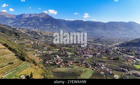 Algund, Südtirol, Italien 30. Ottobre 2024: Ein Herbsttag bei Algund, Lagundo bei Merano. Hier der Blick auf Algund den Meraner Talkessel im Herbst, herbstlich, im Hintergrund der Ifinger und darunter Tirol, Färbung, Weinberge *** Algund, alto Adige, Italia 30 ottobre 2024 una giornata autunnale nei pressi di Algund, Lagundo nei pressi di Merano qui la vista di Algund e del bacino della valle di Merano in autunno, autunnale, sullo sfondo i vigneti di Ifinger e del Tirolo scorcio, Tirolo Tirolo Tirolo Tirolo Tirolo Foto Stock