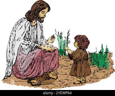 Gesù Cristo seduto con un bambino piccolo, Gesù ama i bambini piccoli Illustrazione Vettoriale