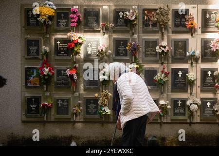 Pamplona, Spagna. 1 novembre 2024. Un visitatore del cimitero cammina attraverso i lumbari durante la celebrazione del giorno di Ognissanti. Ogni 1 novembre, nella religione cattolica, si celebra il giorno di Ognissanti, un'usanza cristiana dove i fedeli si recano nei cimiteri per portare fiori ai loro cari che non sono più tra i vivi. Credito: SOPA Images Limited/Alamy Live News Foto Stock