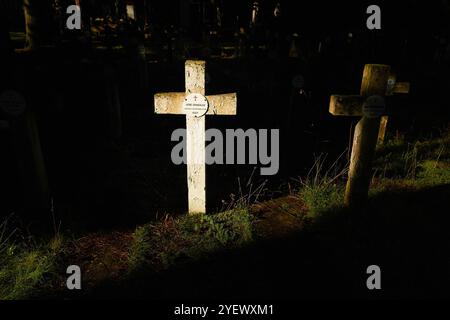 Pamplona, Spagna. 1 novembre 2024. Vista delle croci presso il popolo caduto di Spagna nel cimitero di Pamplona durante la celebrazione del giorno di Ognissanti. Ogni 1 novembre, nella religione cattolica, si celebra il giorno di Ognissanti, un'usanza cristiana dove i fedeli si recano nei cimiteri per portare fiori ai loro cari che non sono più tra i vivi. Credito: SOPA Images Limited/Alamy Live News Foto Stock