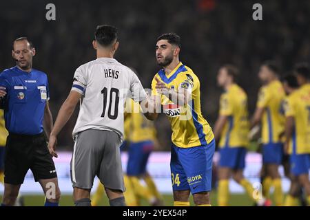 Westerlo, Belgio. 1 novembre 2024. Le galline Lennard di Dender e il Dogucan Haspolat di Westerlo, raffigurate prima di una partita di calcio tra KVC Westerlo e FCV Dender EH, a Westerlo, il giorno 13 della stagione 2024-2025 della prima divisione del campionato belga della 'Jupiler Pro League', venerdì 01 novembre 2024. BELGA FOTO JOHAN EYCKENS credito: Belga News Agency/Alamy Live News Foto Stock