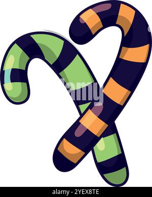 Canne di caramelle di Halloween a righe in arancione, verde e nero Vector Illustrazione Vettoriale