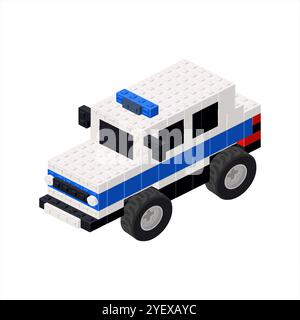 Auto della polizia in vista isometrica assemblata da blocchi di plastica. Illustrazione vettoriale Illustrazione Vettoriale