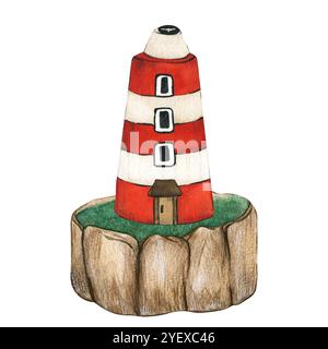 Faro rosso sull'isola. Elemento del paesaggio marino isolato su sfondo bianco. Acquerello illustrazione stilizzata per bambini disegnata a mano. Vecchio faro del mare Foto Stock