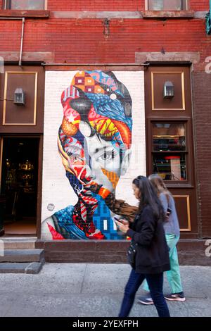 Colorato murale di audrey hepburn su un muro di mattoni in via dei gelsi, Little italy New york, persone che camminano in primo piano e un idrante del fuoco Foto Stock
