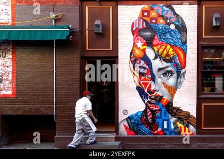 Colorato murale di audrey hepburn su un muro di mattoni in via dei gelsi, Little italy New york, persone che camminano in primo piano e un idrante del fuoco Foto Stock