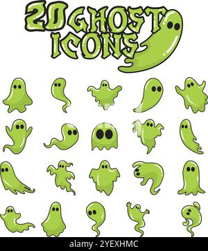 Set di icone fantasma verdi con occhi neri, Vector Illustrazione Vettoriale