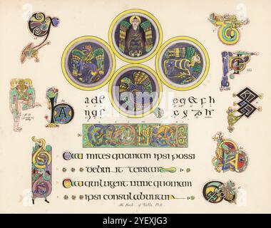 The Book of Kells o Book of Columba, Trinity College Library, Dublino. Il Vangelo celtico in latino. Simboli dei quattro evangelisti, lettere lacertine illuminate che scrivono Nativitus, alfabeto delle lettere iniziali e ordinarie. Chromolithograph dopo un'illustrazione di John Obadiah Westwood dalla sua Palaeographia Sacra Pictoria, essendo una serie di illustrazioni delle versioni antiche della Bibbia, copiate da Illuminated Manuscripts, William Smith, Londra, 1843. Foto Stock