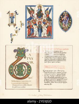 Salterio del re Athelstan, MS Cottoniana, VIII secolo. Disegno dell'Ascensione di Cristo con gli angeli 1, Ecclesiastico con pallio 2, lettere ornamentali 3, preghiera del Signore in greco 4, testo 5, miniatura di Cristo con alone 6 e prima pagina del Salterio 7. Chromolithograph dopo un'illustrazione di John Obadiah Westwood dalla sua Palaeographia Sacra Pictoria, essendo una serie di illustrazioni delle versioni antiche della Bibbia, copiate da Illuminated Manuscripts, William Smith, Londra, 1843. Foto Stock