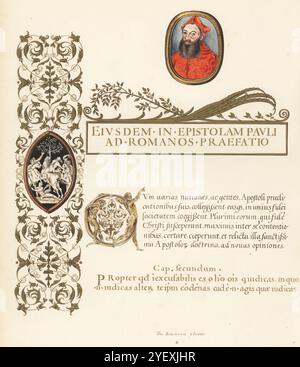 Il manoscritto Soanean Clovio, XVI secolo. Manoscritto del miniaturista italiano Giorgio Giulio Clovio nel Museo Sir John Soane. Ritratto del Cardinale Marino Grimani, bordo ornamentale e intestazione, testo in lettere dorate. Chromolithograph dopo un'illustrazione di John Obadiah Westwood dalla sua Palaeographia Sacra Pictoria, essendo una serie di illustrazioni delle versioni antiche della Bibbia, copiate da Illuminated Manuscripts, William Smith, Londra, 1843. Foto Stock