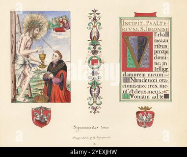 Libro di preghiere del re Sigismondo III di Polonia o del Messale Stuart, XVI secolo. Miniatura di Cristo che offre vino e ospita re Sigismondo, autografo del re e testo illuminato del V Salmo. Chromolithograph dopo un'illustrazione di John Obadiah Westwood dalla sua Palaeographia Sacra Pictoria, essendo una serie di illustrazioni delle versioni antiche della Bibbia, copiate da Illuminated Manuscripts, William Smith, Londra, 1843. Foto Stock