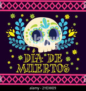 Colorato giorno dei morti teschio con dettagli floreali, Vector Illustrazione Vettoriale