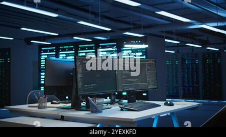 Computer nei data center utilizzati per gestire il consumo energetico dei supporti per rack delle apparecchiature. Panoramica dei monitor per PC in strutture high-tech utilizzate per l'automazione e il monitoraggio dei processi nell'hub server Foto Stock