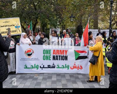 I manifestanti anti anti-Abdalla Hamdok fuori Chatham House a Londra; è stato primo ministro del Sudan Foto Stock