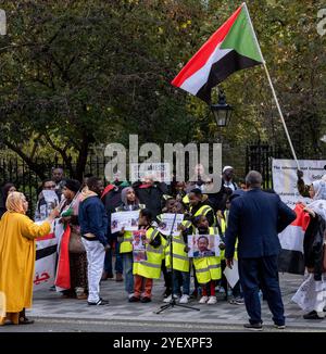 I manifestanti anti anti-Abdalla Hamdok fuori Chatham House a Londra; è stato primo ministro del Sudan Foto Stock