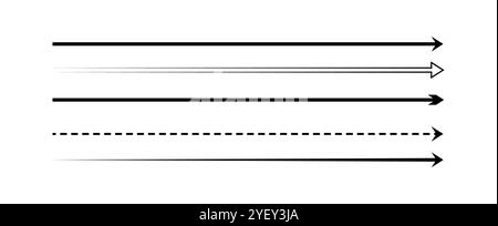 Freccia lunga dritta. Elementi di navigazione. Illustrazione piatta vettoriale. Set di puntatori neri isolati su sfondo bianco. Simboli semplici per la misurazione Illustrazione Vettoriale