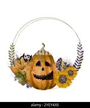 Una stravagante zucca di Halloween arroccata ad arte tra una serie di vibranti girasoli ed elementi decorativi. Composizione isolata su sfondo bianco per vari progetti e stampe. Arte digitale in stile acquerello. Foto Stock