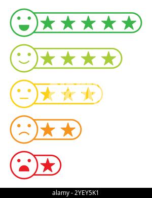 Set di emoji di valutazione con stelle isolate. Simbolo del segnale di emozione della valutazione di feedback. Valutazione a stelle per una recensione di un prodotto. Illustrazione vettoriale. Design piatto. Illustrazione Vettoriale