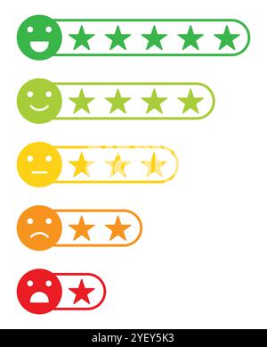 Icona emoji di valutazione con stelle di feedback Imposta colori diversi. Set di emoji di valutazione con stelle. Simbolo del segnale di emozione della valutazione di feedback. Simbolo del vettore di valutazione a stelle. Illustrazione Vettoriale