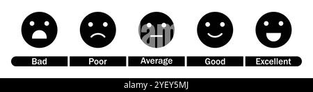 Icona vettoriale emoji di valutazione del feedback impostata in bianco e nero. Serie di icone emoji di valutazione feedback. Eccellente, buono, neutrale, cattivo e molto cattivo emoji Illustrazione Vettoriale