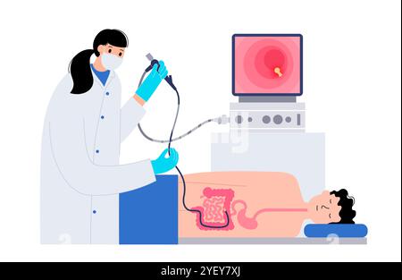 Illustrazione concettuale di una procedura di colonscopia. Questo è un esame dell'interno del vostro intestino crasso, che comprende il colon, il retto e l'ano. Può essere utilizzato per esplorare le possibili cause di dolore addominale, sanguinamento rettale, diarrea cronica e altri problemi gastrointestinali. Viene utilizzato anche per cercare possibili segni di cancro colorettale o polipi. Foto Stock
