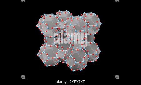 Illustrazione della struttura molecolare di una struttura zeolite. Le zeoliti sono minerali alluminosilicati idratati e hanno una struttura microporosa. Hanno la formula generale (MAlO2)(SiO2)x(H2O)y dove M è solitamente idrogeno (H+) e sodio (Na+). Le zeoliti possono avere strutture di struttura diverse; questa è la forma comune Linde Type A di zeolite. I materiali zeoliti sono utilizzati nei sistemi di depurazione delle acque, bonifica del suolo e trattamento dei rifiuti e sono in fase di studio per l'uso nella cattura e nello stoccaggio di gas a effetto serra, compresa la CO2. Foto Stock