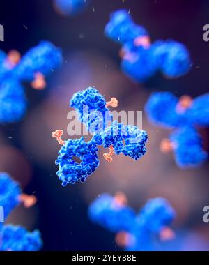 Illustrazione dei coniugati di farmaci anticorpali. I coniugati di farmaci anticorpali sono costituiti da un anticorpo monoclonale (blu) e un carico utile del farmaco (arancione), in questo caso un farmaco citotossico che mira e distrugge cellule specifiche nel corpo. Foto Stock