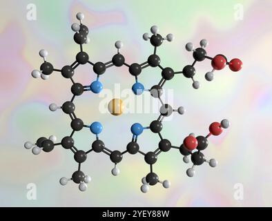 Illustrazione al computer di un modello di sfera e bastone di una molecola di HEM b. Gli atomi sono rappresentati come sfere e sono codificati a colori: Idrogeno (bianco), carbonio (nero), ossigeno (rosso), azoto (blu) e ferro (giallo marrone). Foto Stock