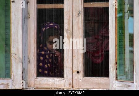 Un gran numero di persone assiste al funerale del presunto militante Shakir Hassan Dar nel villaggio di Rathsuna nel distretto di Tral nel Kashmir amministrato dall'India il 27 novembre 2018. Dar, che si dice appartenga al gruppo militante di Ansar Ghazwat-ul-Hind, è stato ucciso in uno scontro a fuoco con le forze indiane nell'area di Reshipora a Tral. Lo scontro a fuoco a Tral seguì dopo che le forze indiane avevano cordonato un'area per confrontarsi con i militanti che si credevano fossero in essa. Due militanti del gruppo Lashker-e-Taiba sono stati uccisi nell'incontro Foto Stock