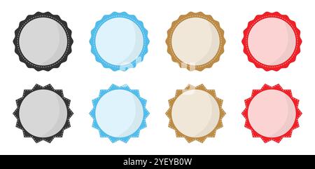 Set di icone vettoriali con cornice circolare semplice in colori diversi. Raccolta del simbolo del logo del timbro circolare vuoto. Etichette vuote o timbro circolare. Illustrazione Vettoriale