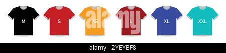 Set di icone a colori della taglia di una t-shirt. Icona vettoriale delle dimensioni di una T-shirt in diversi colori, isolata su sfondo bianco. Etichetta o etichetta delle dimensioni degli indumenti. Illustrazione Vettoriale