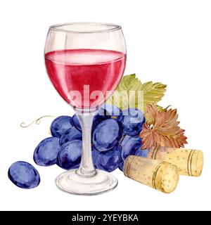 Bicchiere di vino rosso, sughero da vino e uva blu. Illustrazione di un mucchio di uva con bacche viola e foglie stese su un tavolo. Clipart per il laboratorio del vino Foto Stock