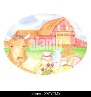 Paesaggio di fienili di ranch ad acquerello disegnato a mano con mucche e prodotti lattiero-caseari isolati su sfondo bianco. Può essere utilizzato per cartoline, etichette, album e. Foto Stock