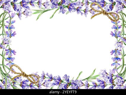 Telaio lavanda. Illustrazione ad acquerello disegnata a mano di fiori provenzali viola isolati su bianco. Per biglietti di compleanno, inviti di nozze, etichette. Foto Stock