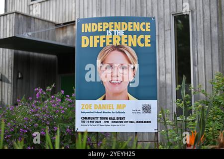 Firmi per la politica indipendente di Tea Zoe Daniel, membro federale di Goldstein, che promuove un prossimo evento municipale, tra i fiori Foto Stock