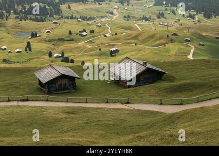 Vista panoramica mozzafiato delle Dolomiti con incantevoli cottage in un paesaggio verde lussureggiante Foto Stock