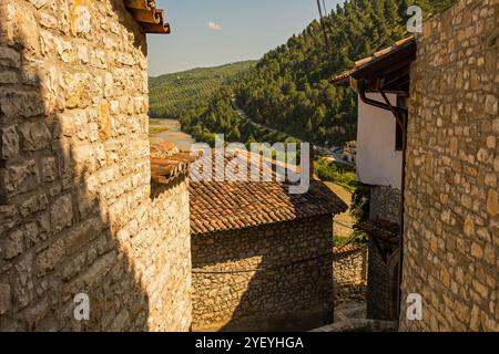 Case storiche in pietra nel quartiere Mangalem di Berat in Albania. Berat è un sito patrimonio dell'umanità dell'UNESCO, conosciuta come città dalle mille finestre. Foto Stock