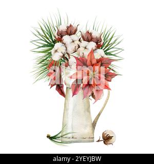 Fiore di Poinsettia, cotone, abete, rami di abete rosso. Illustrazione ad acquerello disegnata a mano, bouquet di vaso isolato su bianco. Natale, felice anno nuovo Foto Stock