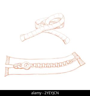 Cerniere in tessuto per indumenti, fissaggio a mosca, metro a nastro. Illustrazione del vettore di inchiostro disegnato a mano per cucire forniture per sarte. Set di oggetti isolati Illustrazione Vettoriale