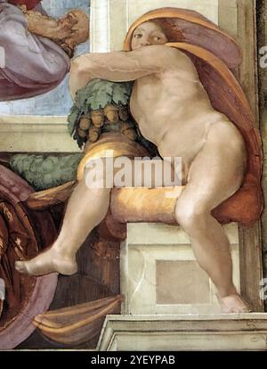 MICHELANGELO di Lodovico Buonarroti Simoni (nato 1475, Caprese, d. 1564, Roma) Ignudo 1509-10 affresco Cappella Sistina, Vaticano l'immagine mostra l'Ignudo nell'angolo in alto a destra della creazione di Eva (sopra la Sibilla Cumaea). Nei quattro ignudi della quinta baia che reggono i nastri gialli intrecciati con i medaglioni color bronzo, l'uso di contrapposta con una varietà di gesti e pose è stato ora sostituito dalla disposizione simmetrica delle figure. La relazione tra le figure, posizionate l'una di fronte all'altra in coppie, si basa su un corr ritmico sempre più libero e complesso Foto Stock