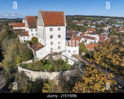 Vista aerea del Palazzo residenziale Scheer, alta valle del Danubio, distretto di Sigmaringen, Baden-Wuerttemberg, Germania, Europa Foto Stock