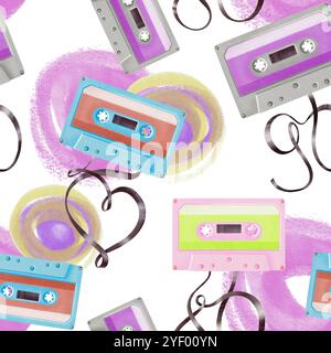 Motivo senza cuciture dalla cassetta per lettore portatile in stile anni '80 e '90 con nastri dalla forma 80,90 e un cuore. Illustrazione acquerello stile realistico Foto Stock