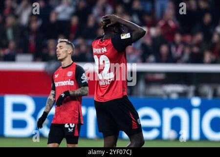 Leverkusen, BayArena, 01.11.2024: Victor Boniface (Bayer 04 Leverkusen) enttäuscht beim Spiel der 1. Bundesliga Bayer 04 Leverkusen vs. VFB Stuttgart. Foto Stock