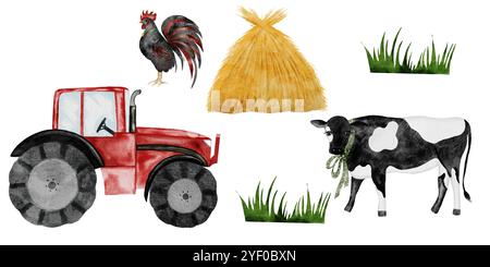 Simpatico set di animali da fattoria e trattore. Mucca, gallo, pagliaio e trattore rosso disegnati a mano su sfondo bianco isolato. Clip art in stile country. Ideale per Foto Stock